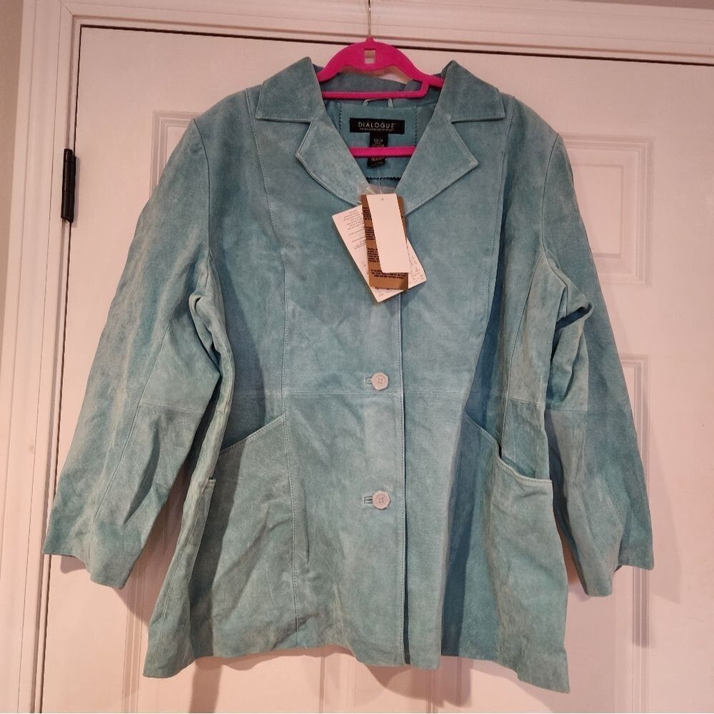 NWT Dialogue 100% washable genuine leather Suede mint blue jacket 1X